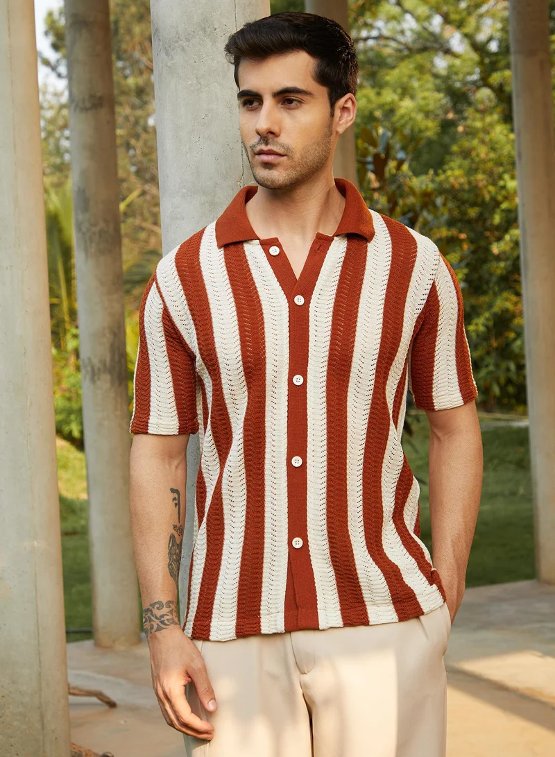 كامبوس سوترا Men's Russet Brown Panel-Knit Polo Shirt For Casual Wear | Polo Neck | Short Regular Sleeves | Button Closure | Shirt Crafted With Comfort Fit For Everyday Wear